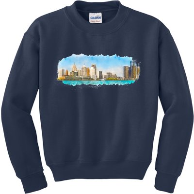 Downtown Detroit Skyline Watercolor Sketch Kids Sweatshirt