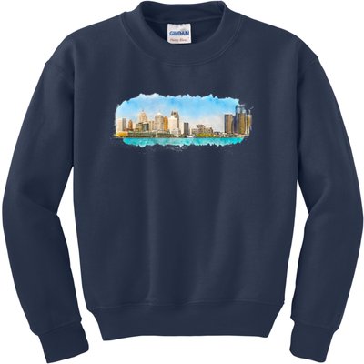 Downtown Detroit Skyline Watercolor Sketch Kids Sweatshirt