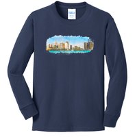 Downtown Detroit Skyline Watercolor Sketch Kids Long Sleeve Shirt