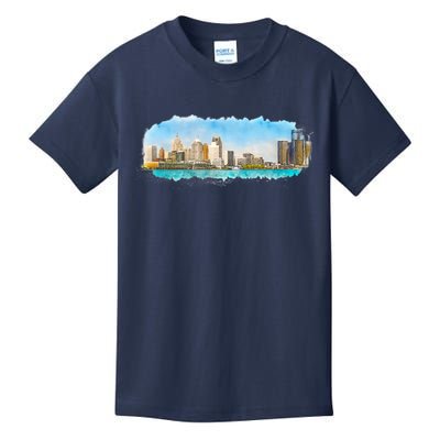 Downtown Detroit Skyline Watercolor Sketch Kids T-Shirt