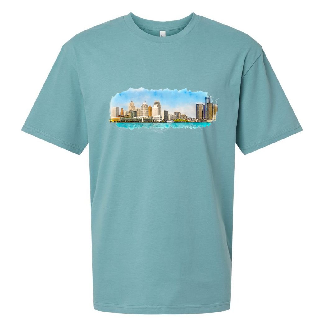 Downtown Detroit Skyline Watercolor Sketch Sueded Cloud Jersey T-Shirt
