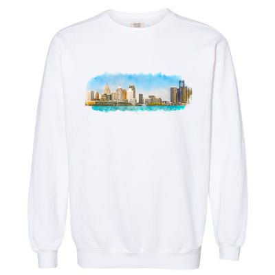 Downtown Detroit Skyline Watercolor Sketch Garment-Dyed Sweatshirt