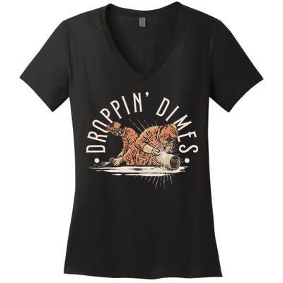 Droppin Dimes Skeleton Welding Humor Women's V-Neck T-Shirt
