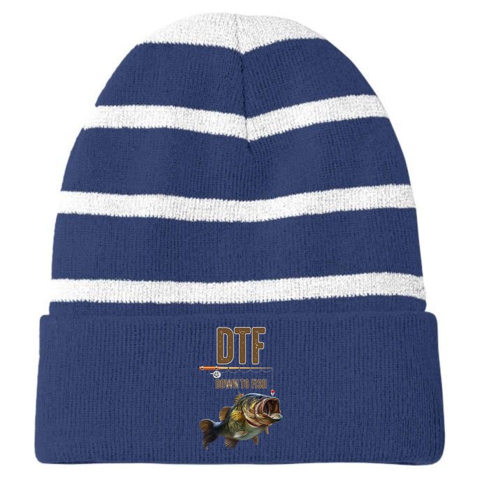 DTF Down To Fishing Adult Humor Funny Fisherman Striped Beanie with Solid Band