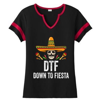 DTF Down To Fiesta Funny Mexican Skull Cinco De Mayo Ladies Halftime Notch Neck Tee