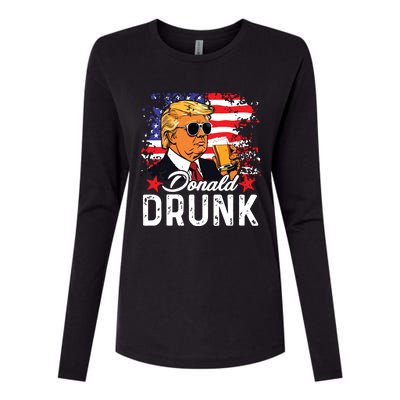 Donald Drunk Trump Drink Beer 4th Of July American Flag Womens Cotton Relaxed Long Sleeve T-Shirt