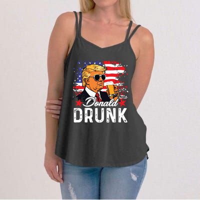 Donald Drunk Trump Drink Beer 4th Of July American Flag Women's Strappy Tank