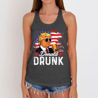 Donald Drunk Trump Drink Beer 4th Of July American Flag Women's Knotted Racerback Tank