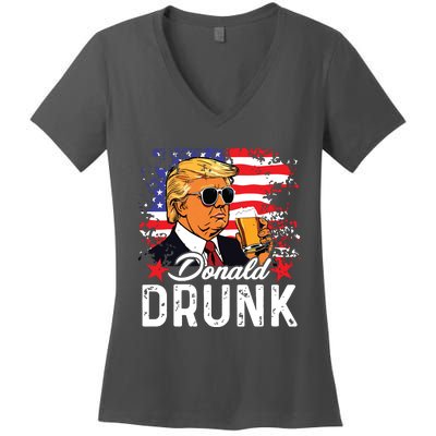 Donald Drunk Trump Drink Beer 4th Of July American Flag Women's V-Neck T-Shirt