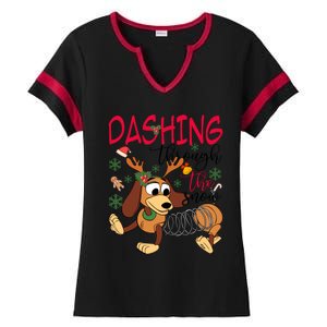 Dog Dashing Through The Snow Slinky Toy Christmas Ladies Halftime Notch Neck Tee