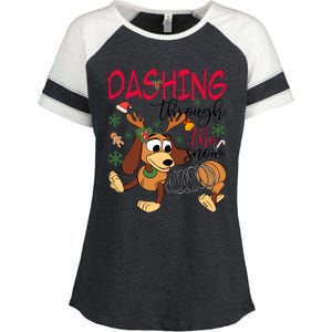 Dog Dashing Through The Snow Slinky Toy Christmas Enza Ladies Jersey Colorblock Tee