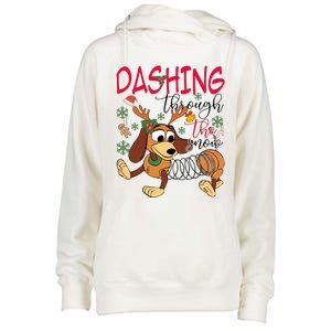 Dog Dashing Through The Snow Slinky Toy Christmas Womens Funnel Neck Pullover Hood