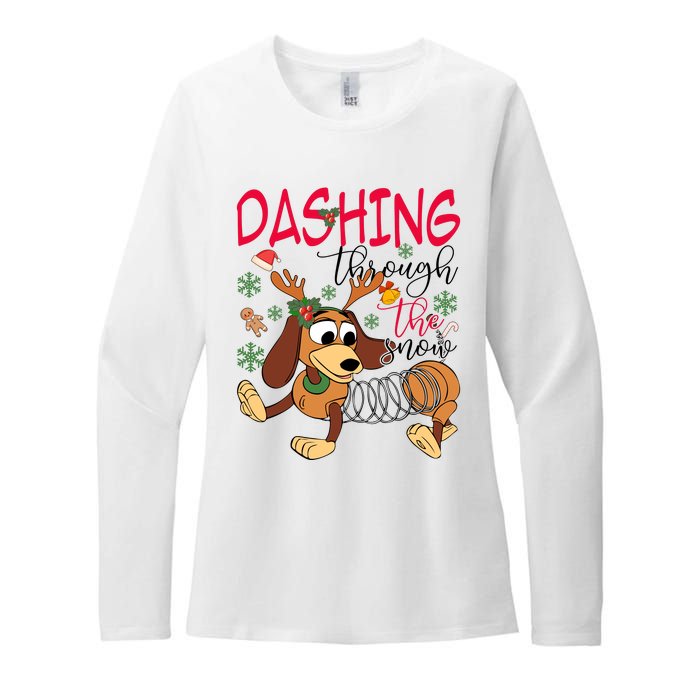 Dog Dashing Through The Snow Slinky Toy Christmas Womens CVC Long Sleeve Shirt