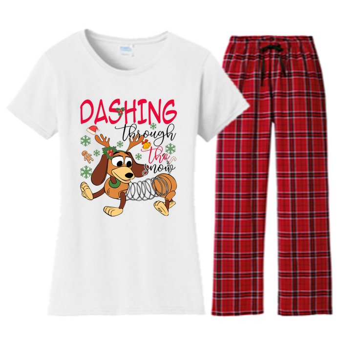 Dog Dashing Through The Snow Slinky Toy Christmas Women's Flannel Pajama Set