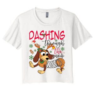 Dog Dashing Through The Snow Slinky Toy Christmas Women's Crop Top Tee