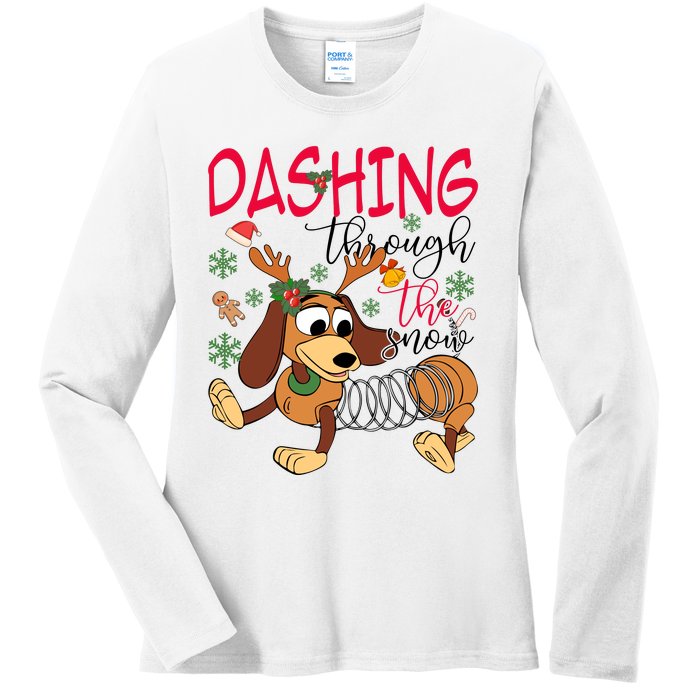 Dog Dashing Through The Snow Slinky Toy Christmas Ladies Long Sleeve Shirt