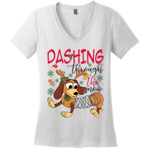 Dog Dashing Through The Snow Slinky Toy Christmas Women's V-Neck T-Shirt