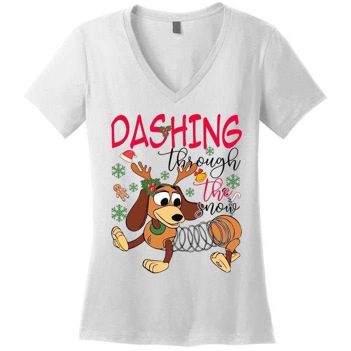 Dog Dashing Through The Snow Slinky Toy Christmas Women's V-Neck T-Shirt