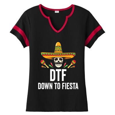 DTF Down To Fiesta Funny Mexican Skull Cinco De Mayo Ladies Halftime Notch Neck Tee