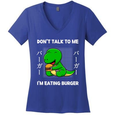 Dinosaur Don't Talk To Me I'm Eating Burger Japanese Style Gift Women's V-Neck T-Shirt