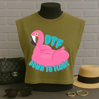 Dtf Down To Float Vacation Time Flamingo Floatie Garment-Dyed Women's Muscle Tee