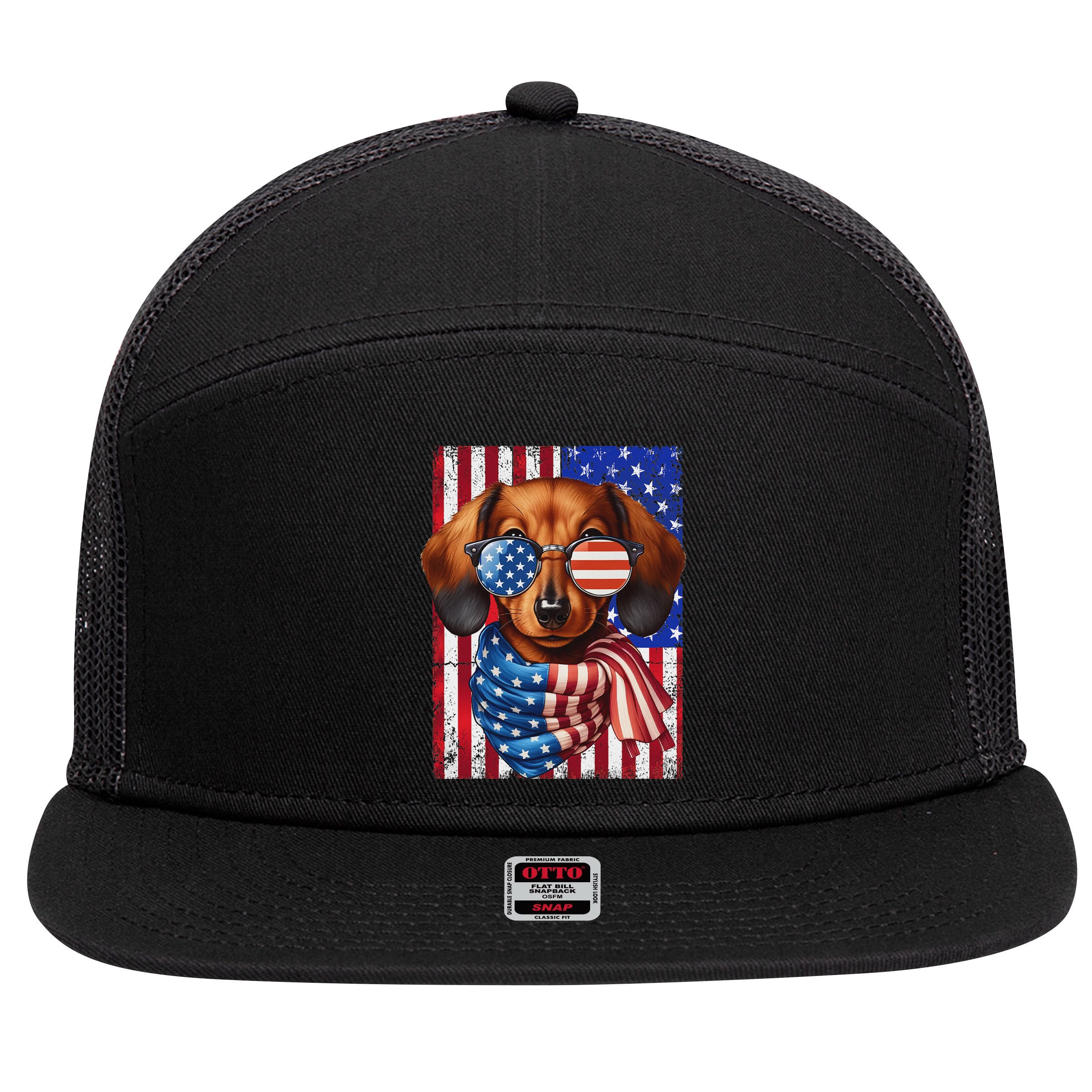 Dachshund Dog Usa Flag Sunglasses Patriotic 4th Of July 7 Panel Mesh Trucker Snapback Hat