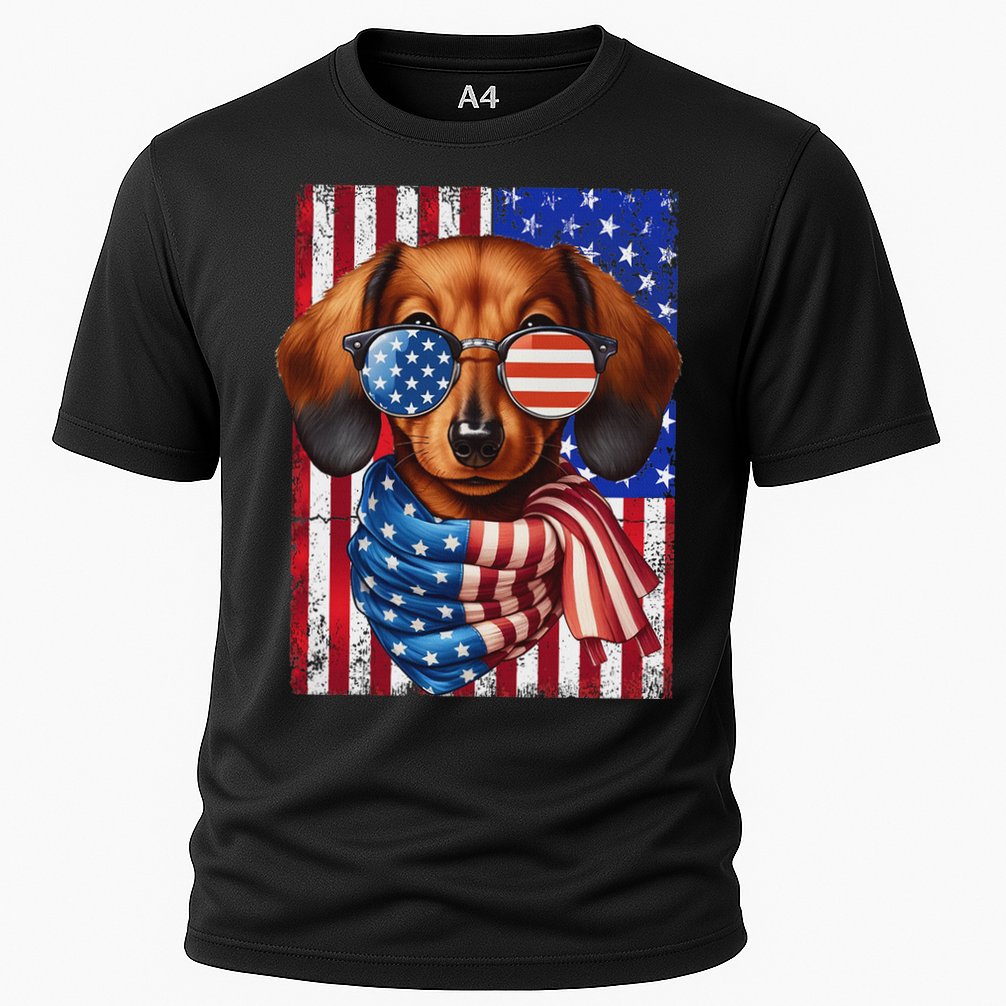 Dachshund Dog Usa Flag Sunglasses Patriotic 4th Of July Cooling Performance Crew T-Shirt