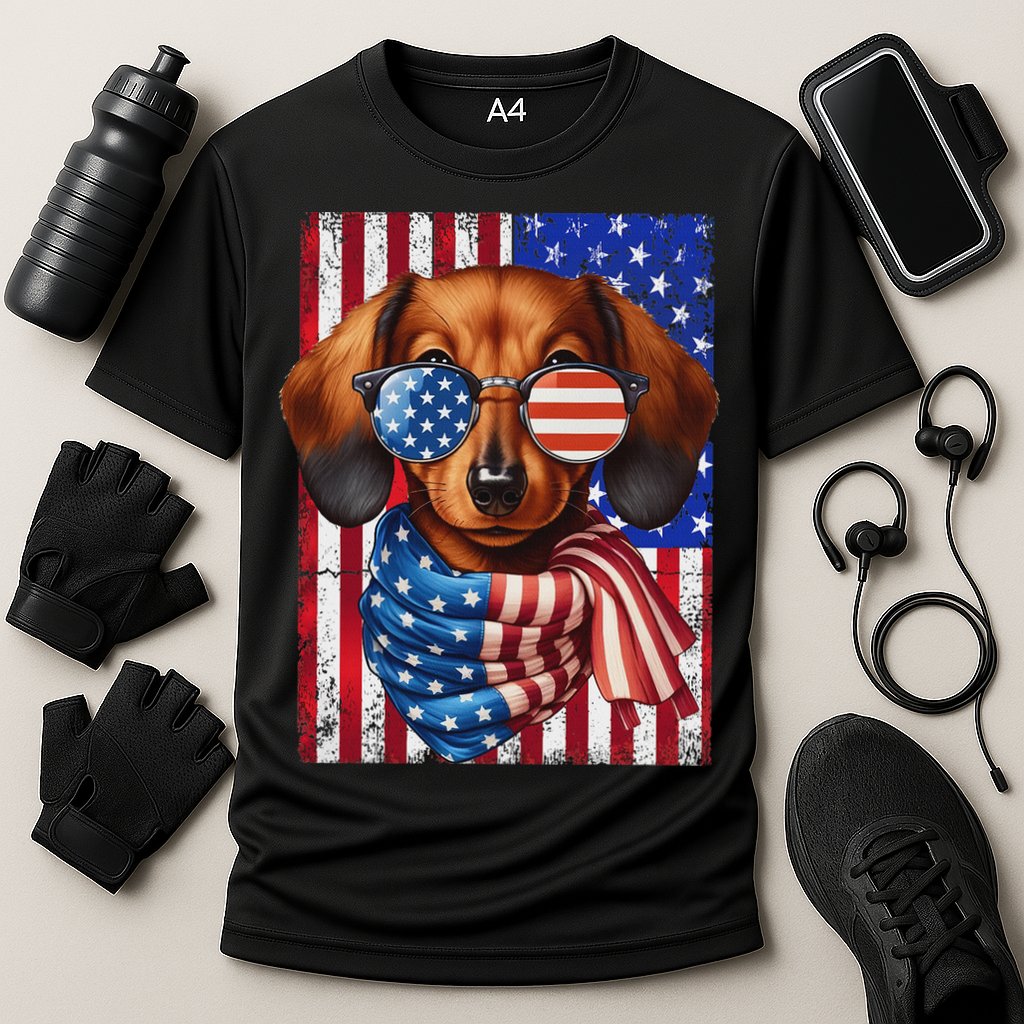 Dachshund Dog Usa Flag Sunglasses Patriotic 4th Of July Cooling Performance Crew T-Shirt