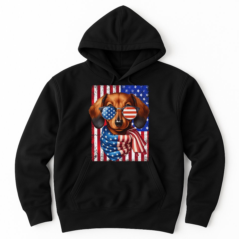Dachshund Dog Usa Flag Sunglasses Patriotic 4th Of July Hoodie