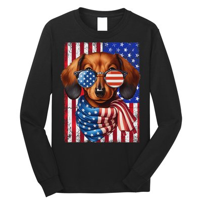Dachshund Dog Usa Flag Sunglasses Patriotic 4th Of July Long Sleeve Shirt