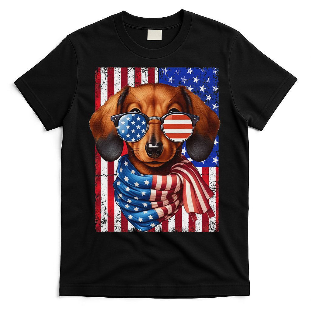 Dachshund Dog Usa Flag Sunglasses Patriotic 4th Of July T-Shirt
