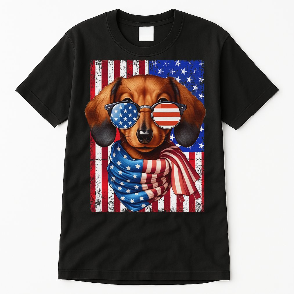 Dachshund Dog Usa Flag Sunglasses Patriotic 4th Of July Tall T-Shirt