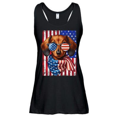 Dachshund Dog Usa Flag Sunglasses Patriotic 4th Of July Ladies Essential Flowy Tank