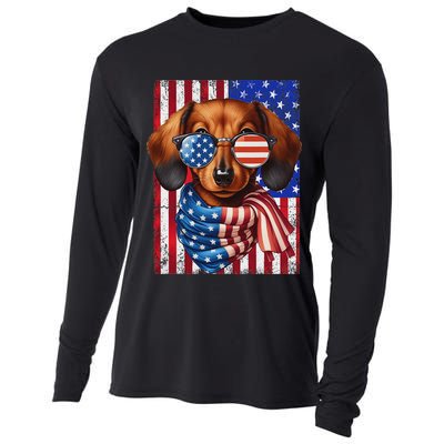 Dachshund Dog Usa Flag Sunglasses Patriotic 4th Of July Cooling Performance Long Sleeve Crew