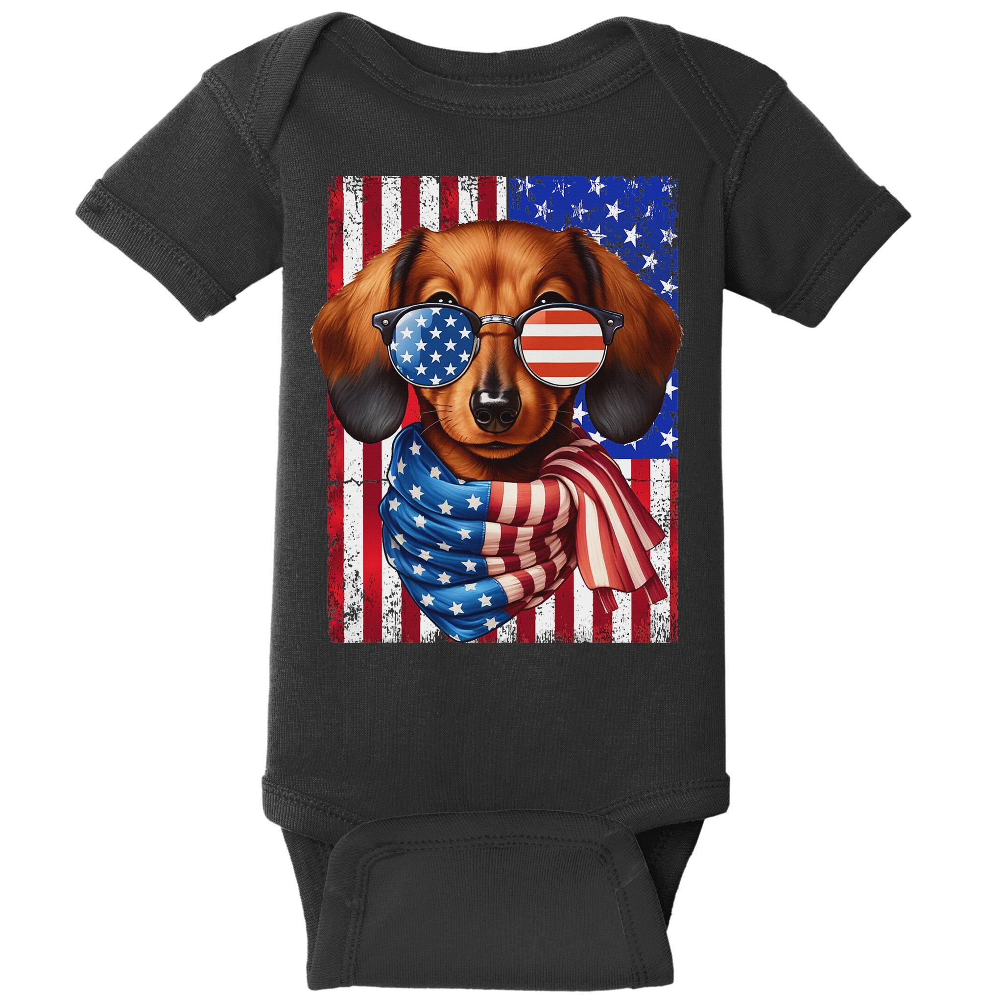 Dachshund Dog Usa Flag Sunglasses Patriotic 4th Of July Baby Bodysuit