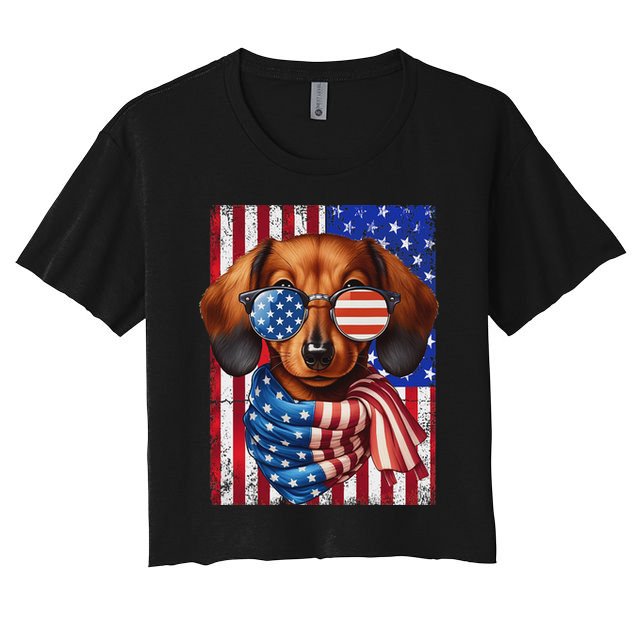 Dachshund Dog Usa Flag Sunglasses Patriotic 4th Of July Women's Crop Top Tee