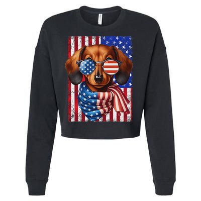 Dachshund Dog Usa Flag Sunglasses Patriotic 4th Of July Cropped Pullover Crew