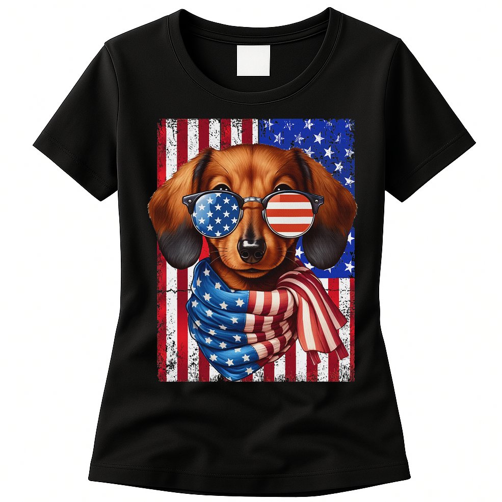 Dachshund Dog Usa Flag Sunglasses Patriotic 4th Of July Womens T-Shirt