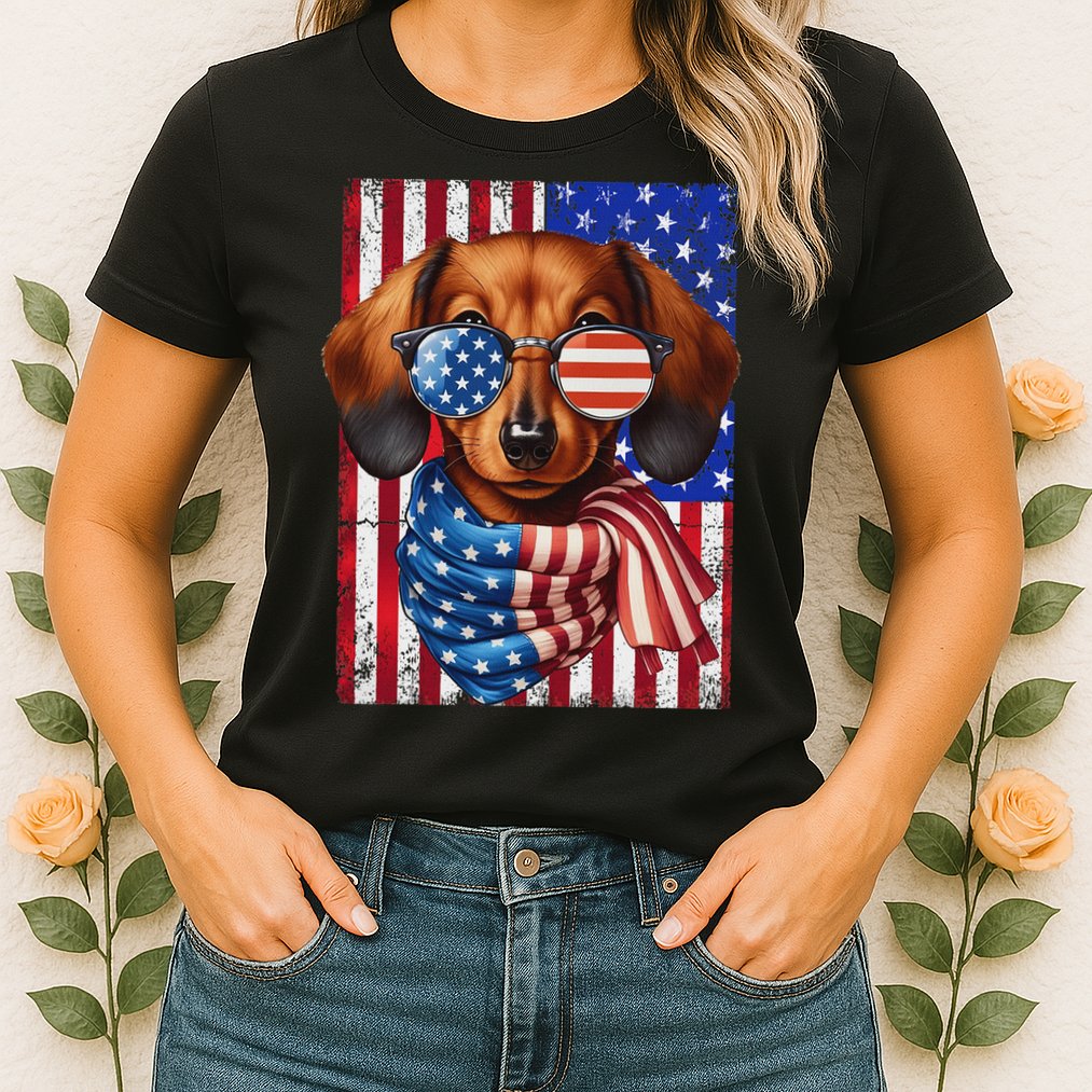 Dachshund Dog Usa Flag Sunglasses Patriotic 4th Of July Womens T-Shirt