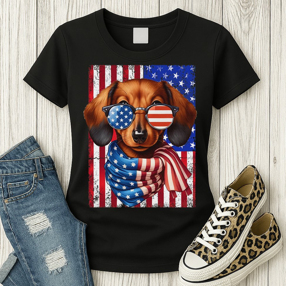 Dachshund Dog Usa Flag Sunglasses Patriotic 4th Of July Womens T-Shirt