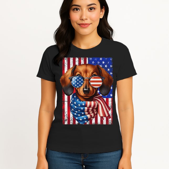 Dachshund Dog Usa Flag Sunglasses Patriotic 4th Of July Womens T-Shirt