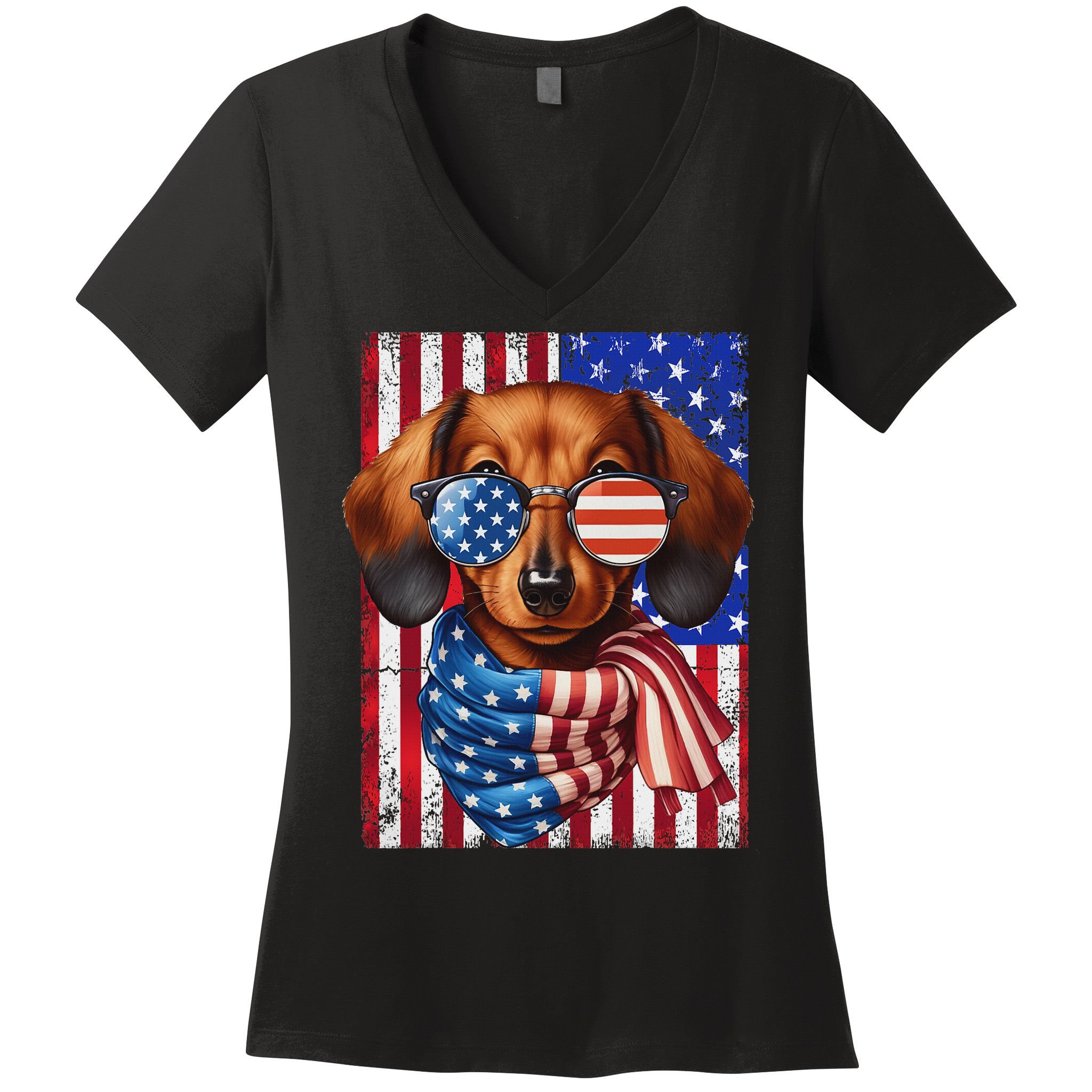 Dachshund Dog Usa Flag Sunglasses Patriotic 4th Of July Women's V-Neck T-Shirt