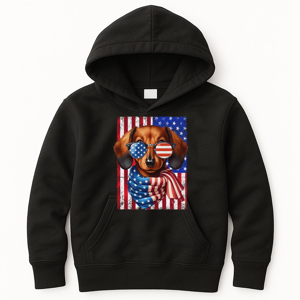 Dachshund Dog Usa Flag Sunglasses Patriotic 4th Of July Kids Hoodie