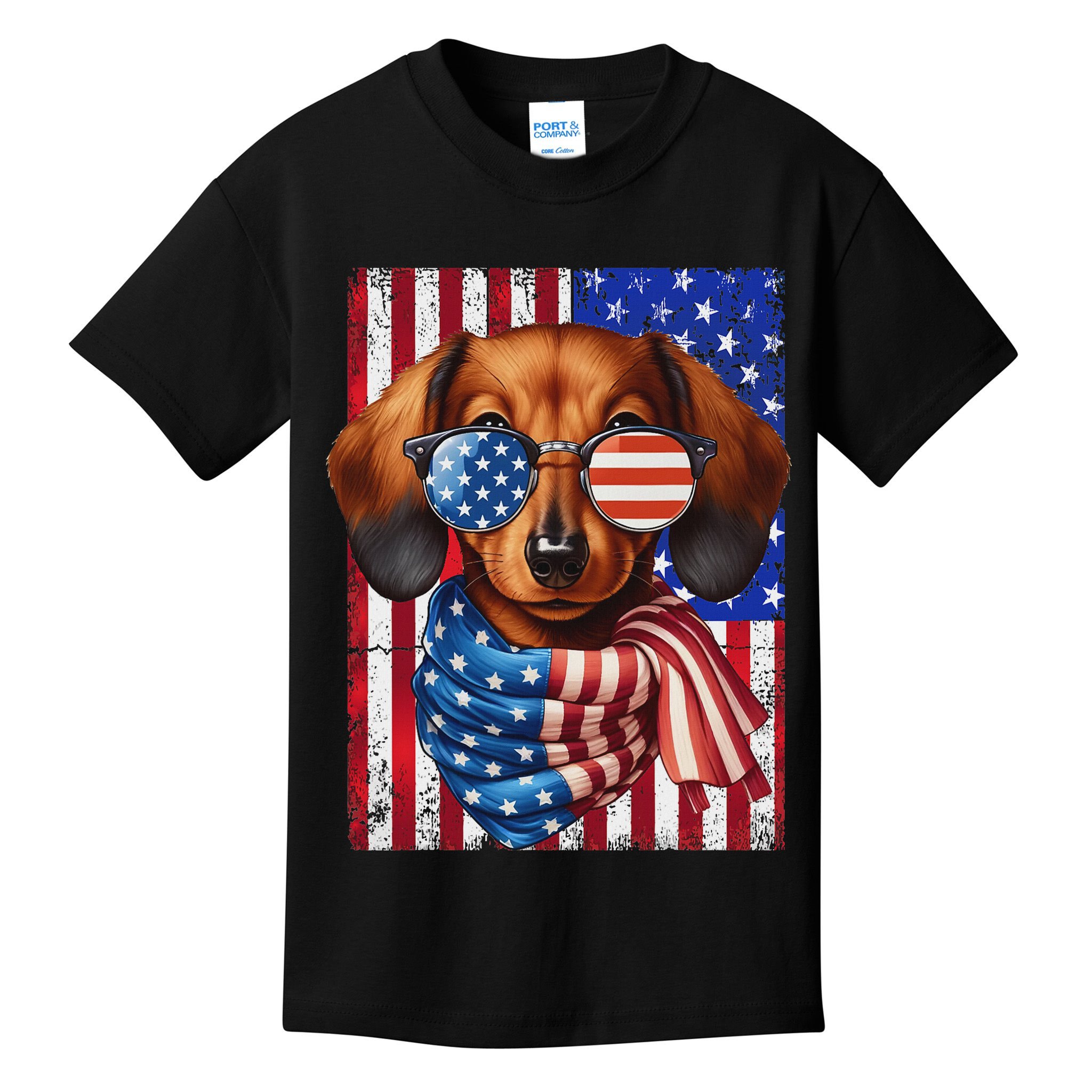 Dachshund Dog Usa Flag Sunglasses Patriotic 4th Of July Kids T-Shirt
