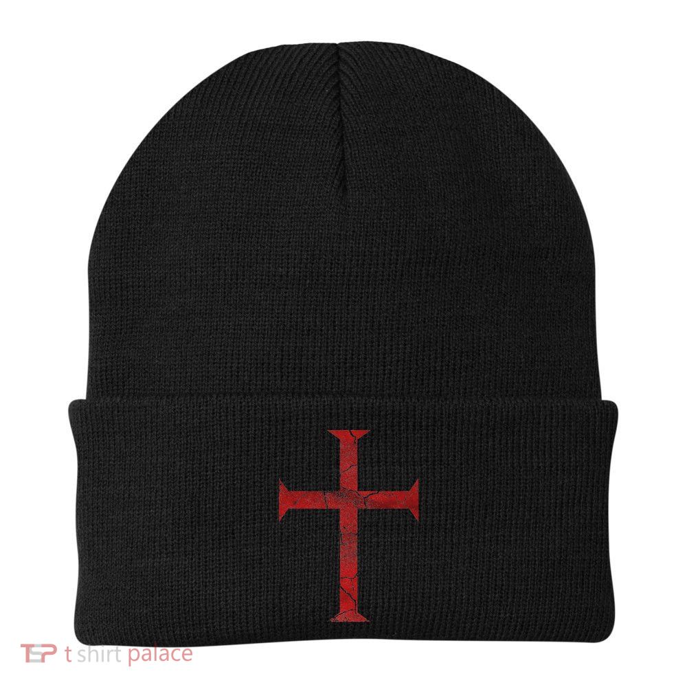 Distressed Deus Vult Knights Templar Cross Crusader Knit Cap Winter Beanie