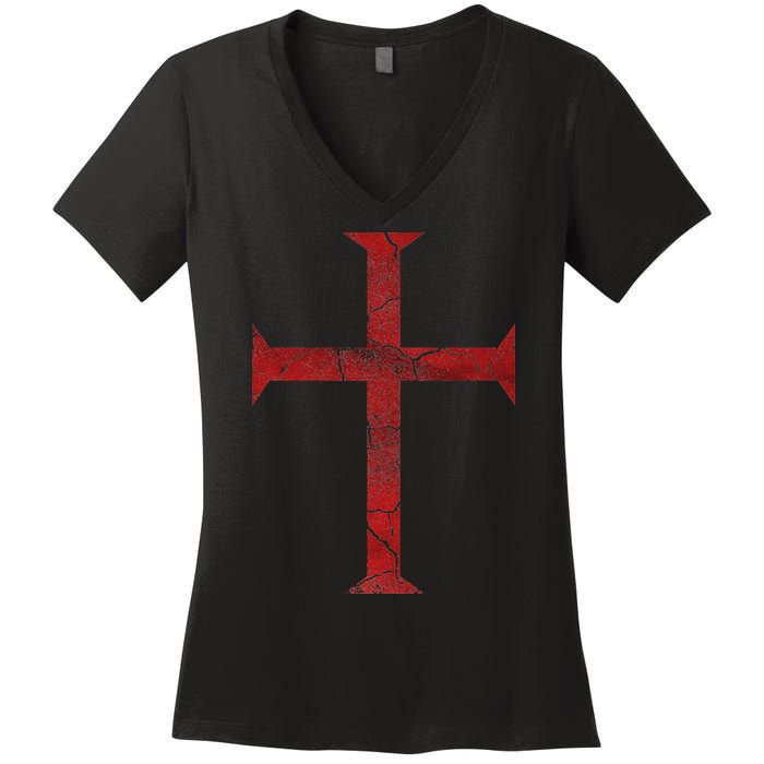 Distressed Deus Vult Knights Templar Cross Crusader Women's V-Neck T-Shirt