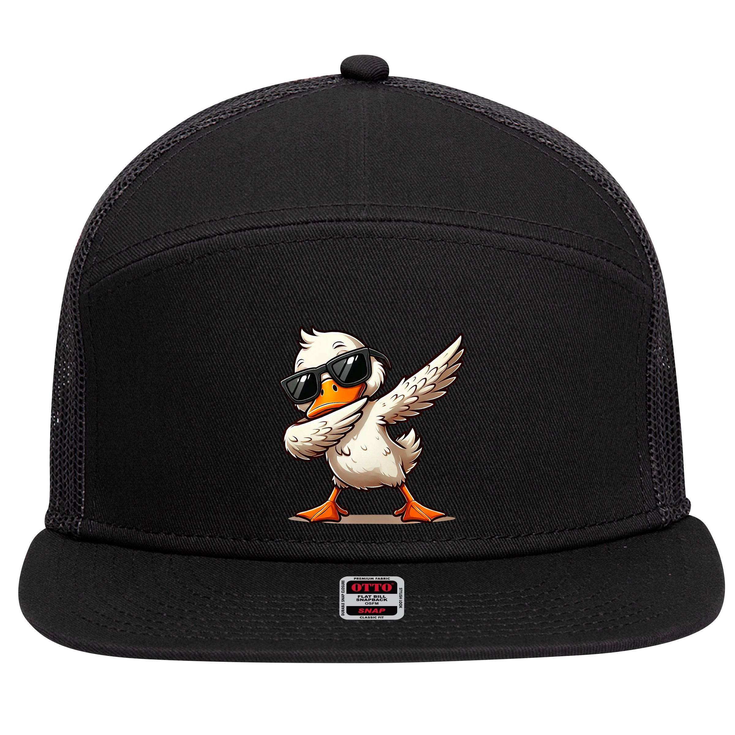 Dabbing Duck With Sunglasses Funny Cartoon Graphic 7 Panel Mesh Trucker Snapback Hat