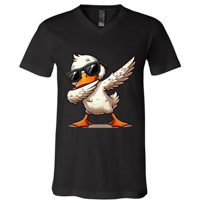 Dabbing Duck With Sunglasses Funny Cartoon Graphic V-Neck T-Shirt
