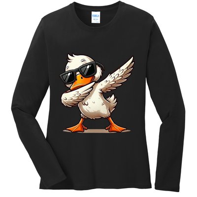 Dabbing Duck With Sunglasses Funny Cartoon Graphic Ladies Long Sleeve Shirt