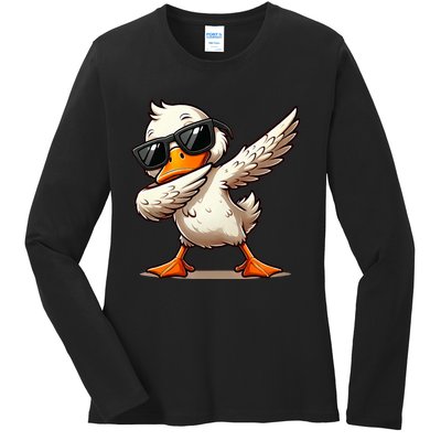 Dabbing Duck With Sunglasses Funny Cartoon Graphic Ladies Long Sleeve Shirt